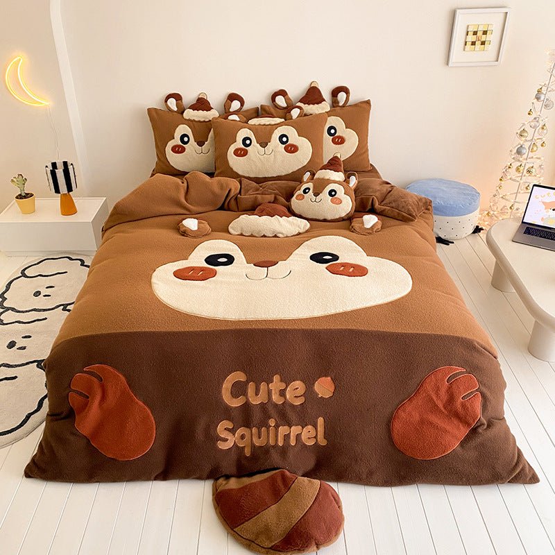Plush Embroidered Fleece Comforter Bedspread Set with Cat Face Pillow Shams