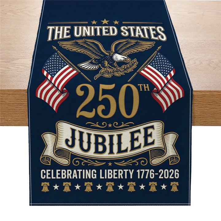Patriotic Cotton-Linen Table Runner with Statue of Liberty and American Flag Print