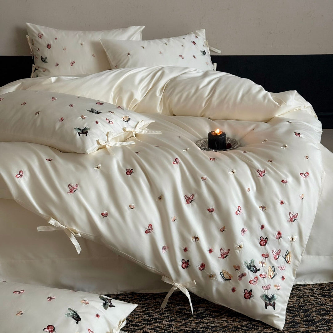 Embroidered Butterfly Cotton-Sateen Duvet Cover Set with Tied Pillow Shams