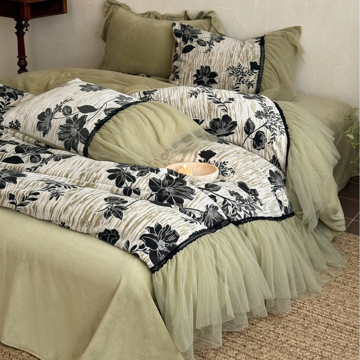 Floral Tulle-Ruffled Duvet Cover Set with Decorative Pillow Shams