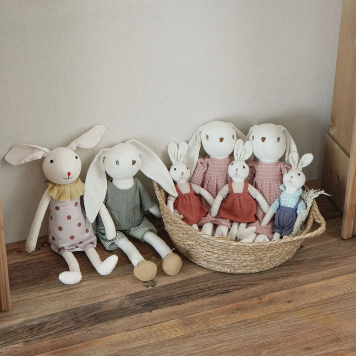 Handcrafted Neutral Linen Bunny Plush with Long Floppy Ears and Removable Two‑Piece Outfit