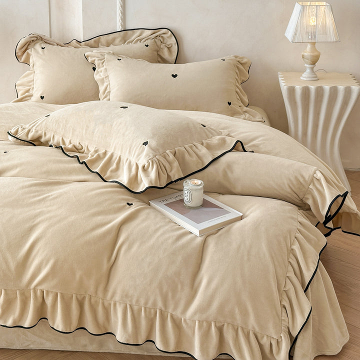 Romantic bedding set with ruffle, velvety soft microfleece surface and embroidered hearts