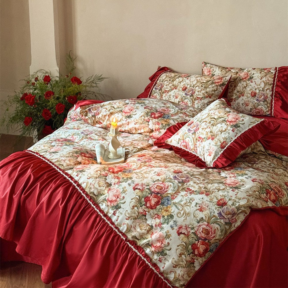 Romantic bedding set made of cotton satin with ruffles and floral jacquard