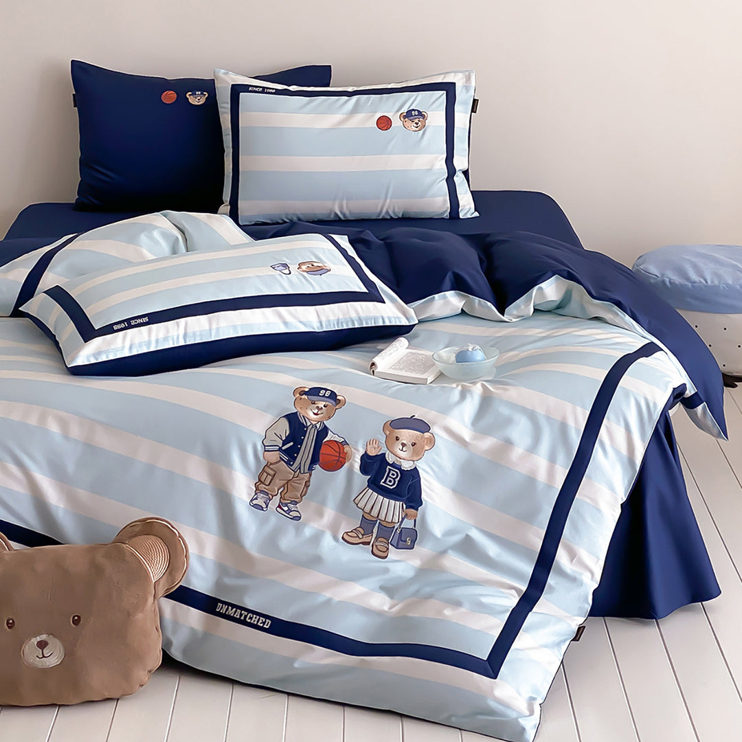 Striped Cotton-Sateen Duvet Cover Set with Embroidered Crest & Reversible Border