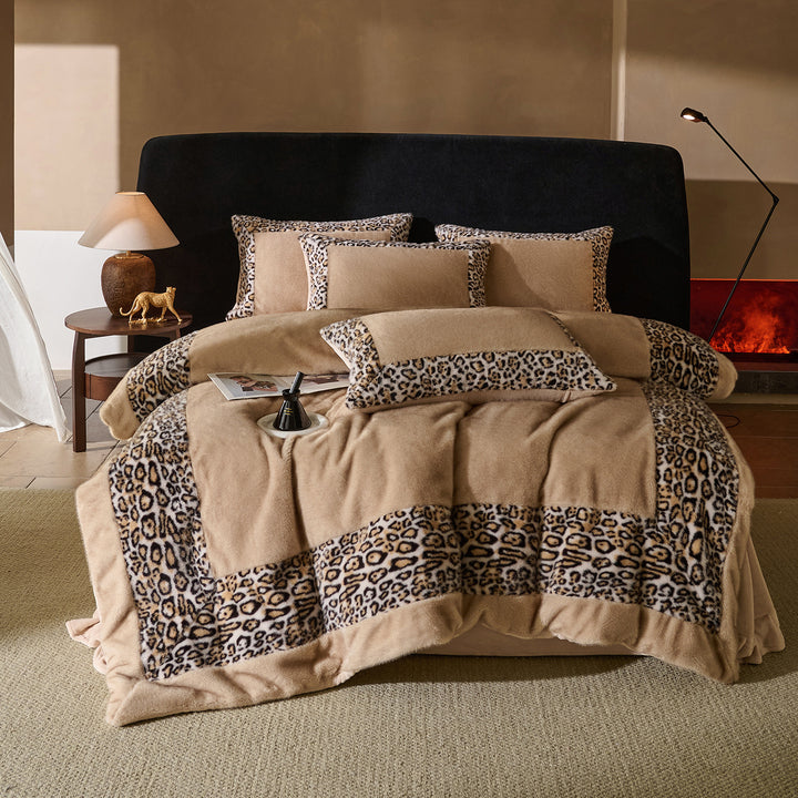 Plush Faux-Fur Leopard-Trim Reversible Duvet Cover Set with Decorative Shams