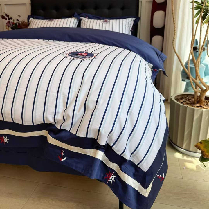Striped Nautical Cotton Sateen Duvet Cover Set with Embroidered Anchor Details and Ruffled Bed Skirt