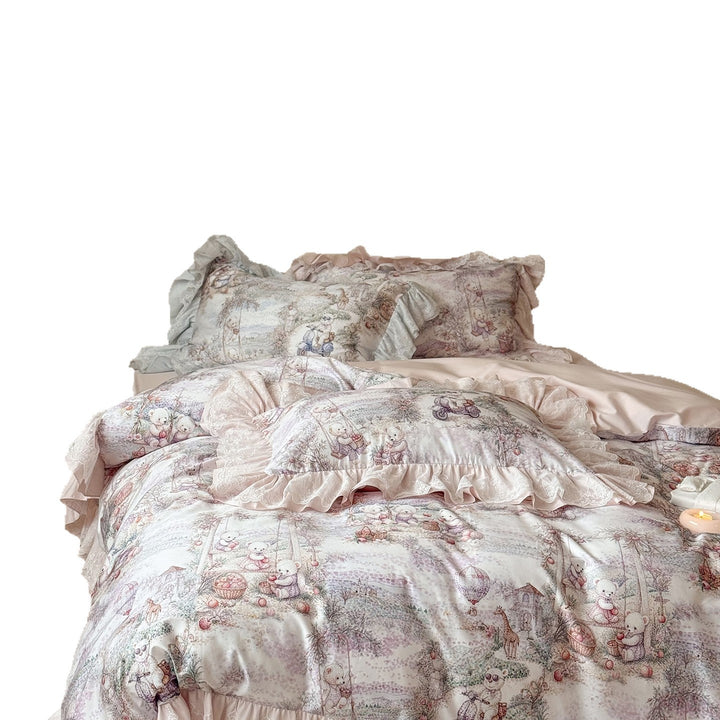 Ruffled Cotton-Sateen Reversible Duvet Cover Set with Pastel Fantasy Animal Print and Lace-Trim Pillow Shams