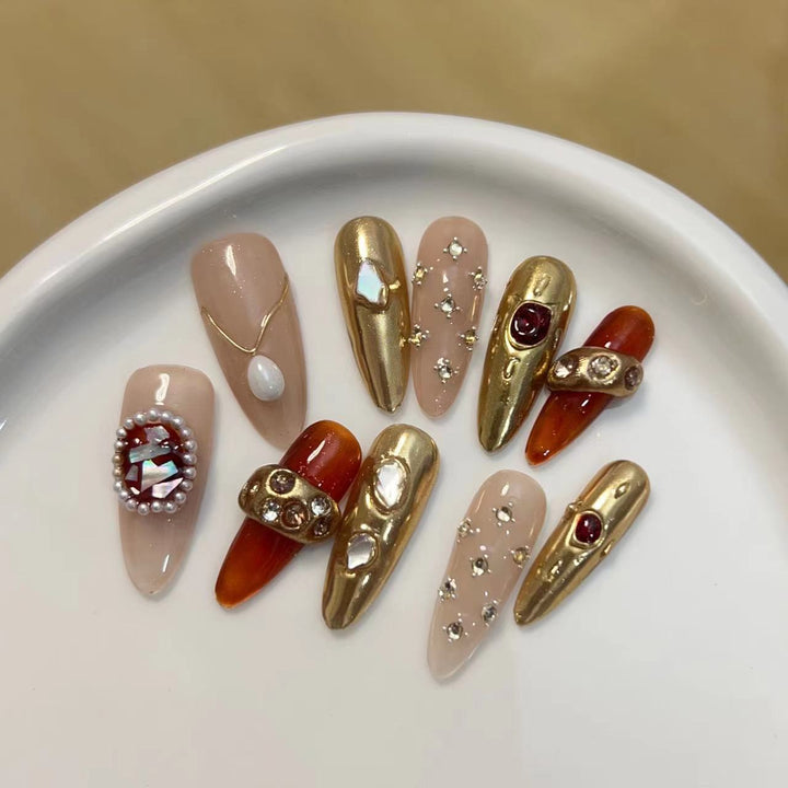 Artistic Press-On Nail Set with Luxury Gemstone Accents Stornfield
