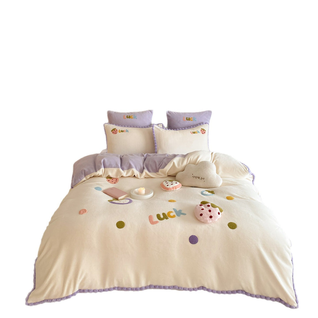 Cozy Plush Chenille Strawberry Appliqué Duvet Cover Set with Lavender Pom-Pom Trim