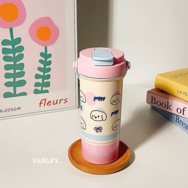 Women's insulated drinking cup with secure flip lid and cute dog design Stornfield