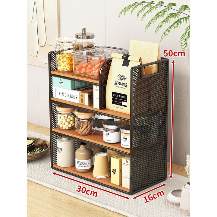Metal Mesh Countertop Pantry Organizer with Multi-Tier Shelves and Vertical Bag Compartment