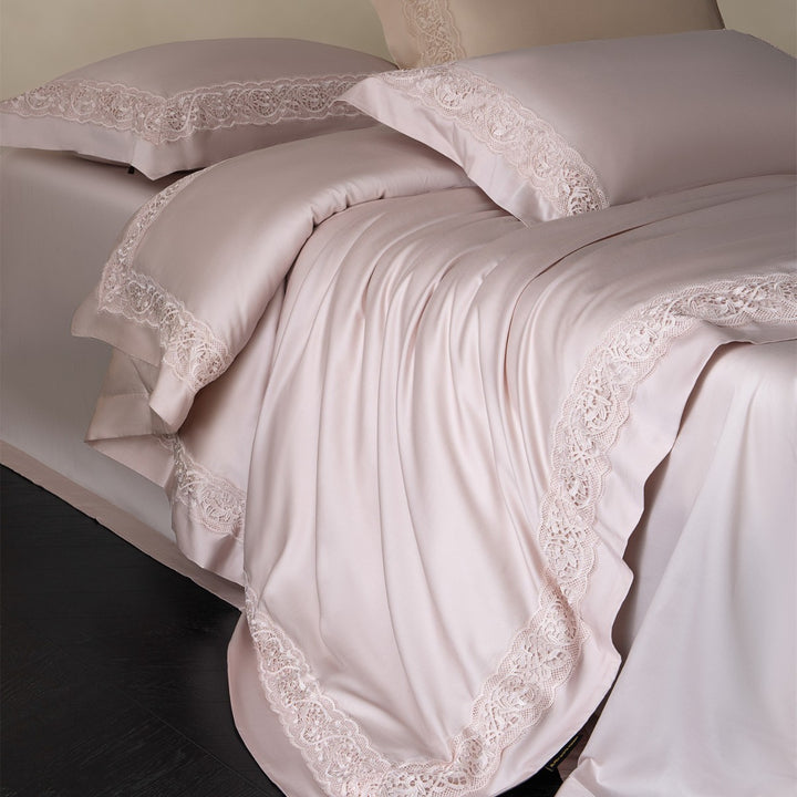 Silky Charmeuse Lace-Trim Duvet Cover Set with Concealed Closure and Matching Shams