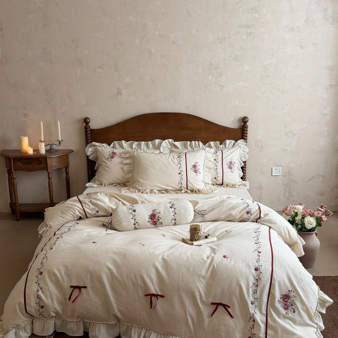Embroidered Ruffled Cotton-Linen Duvet Cover Set with Rose Vine Motif & Bolster Pillow