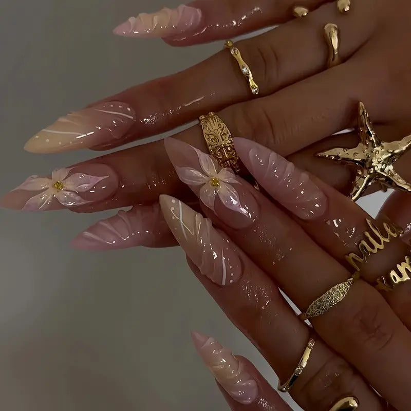 Artistic Press-On Nail Set with Floral Design Stornfield