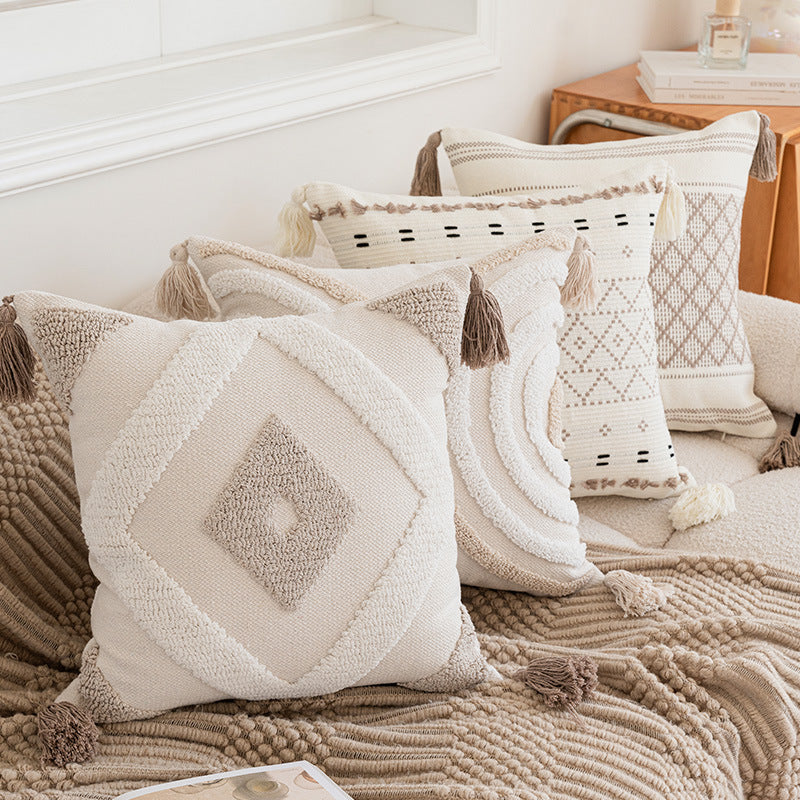 Decorative Boho Tufted Throw Pillow Cover with Tassels and Geometric Raised Loop Texture