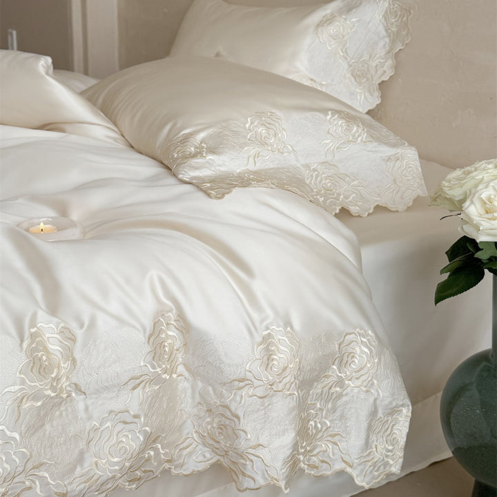 Luxury Embroidered Satin Duvet Cover Set with Scalloped Rose Lace Trim