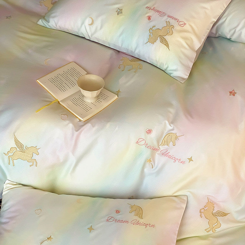 Pastel Unicorn Cotton Sateen Duvet Cover Set with Embroidered Decorative Cushion