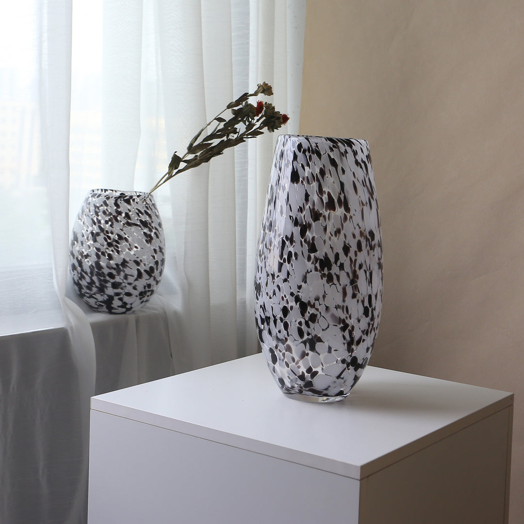 Handblown Speckled Art Glass Vase Pair with Sculptural Tall-and-Short Silhouettes Stornfield