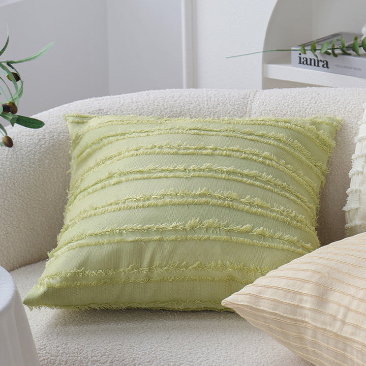 Square decorative pillow cover made of cotton blend with relief rectangular tufts and fringed edge Stornfield