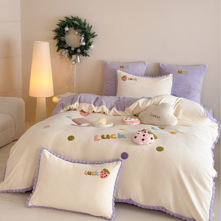 Cozy Plush Chenille Strawberry Appliqué Duvet Cover Set with Lavender Pom-Pom Trim