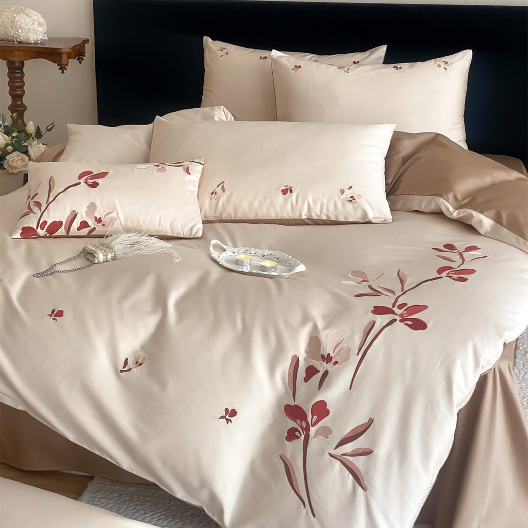 Luxury Satin Floral Embroidered Duvet Cover and Pillowcase Set