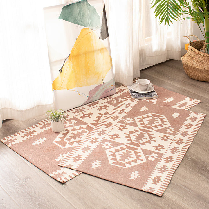 Flat-woven kilim rug with geometric ethnic pattern