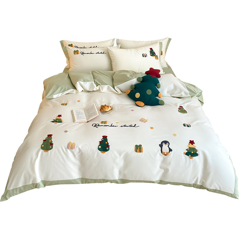 Festive Embroidered Cotton Sateen Duvet Cover and Sham Set with Playful Penguin Motifs and Reversible Border
