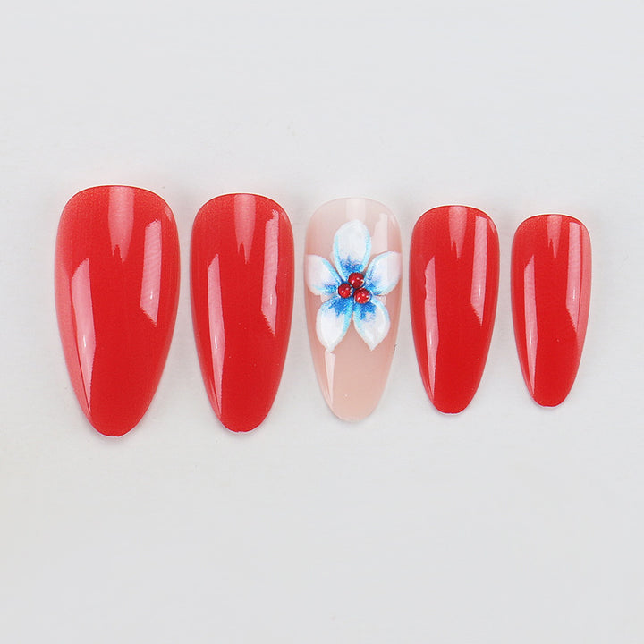 Artistic Press-On Nail Set with Floral Embellishments Stornfield