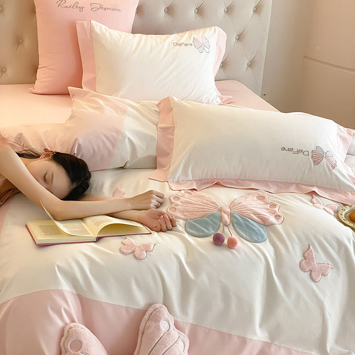 Butterfly Embroidered Cotton Sateen Duvet Cover Set with Decorative Shams and Plush Accent Pillow