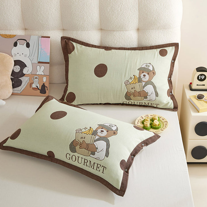 Decorative Cotton Pillowcase Set with Cartoon Puppy Stripe Print