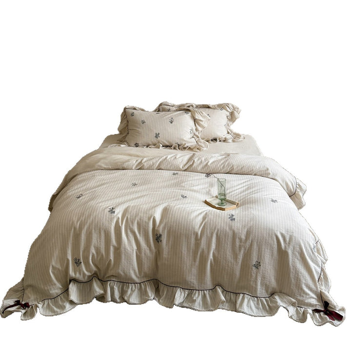 Ruffled Embroidered Cotton-Linen Duvet Cover Set with Decorative Bow