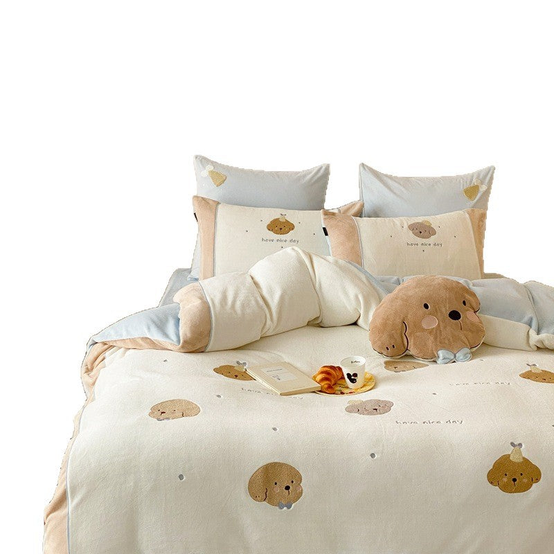 Reversible Cozy Duvet Cover and Pillowcase Set with Embroidered Puppy Appliqués