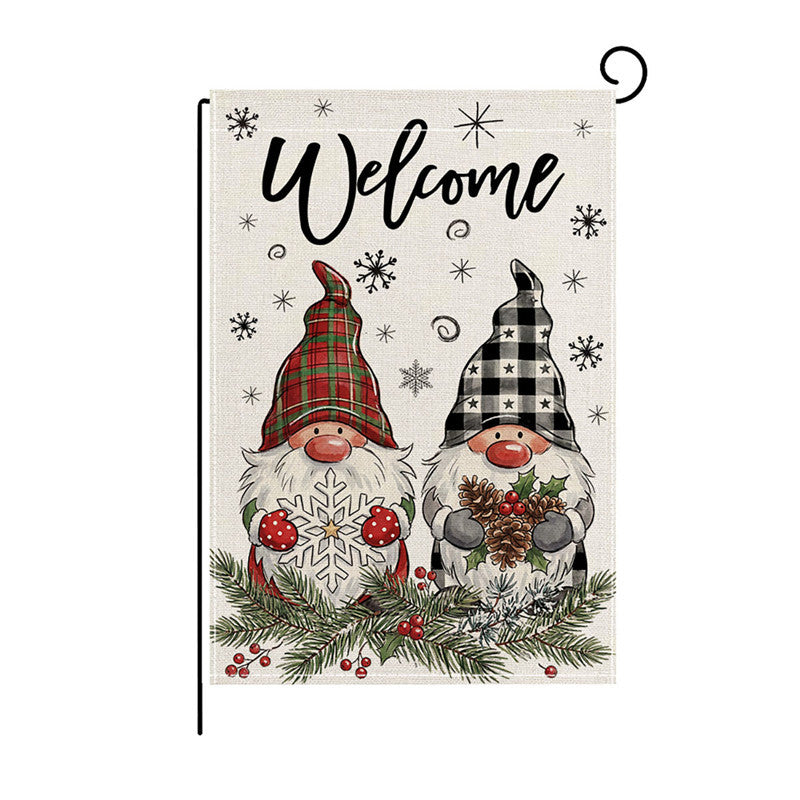Heavy-Duty Weather-Resistant Burlap Garden Flag Featuring Welcome Script and Plaid Gnome Duo Illustration