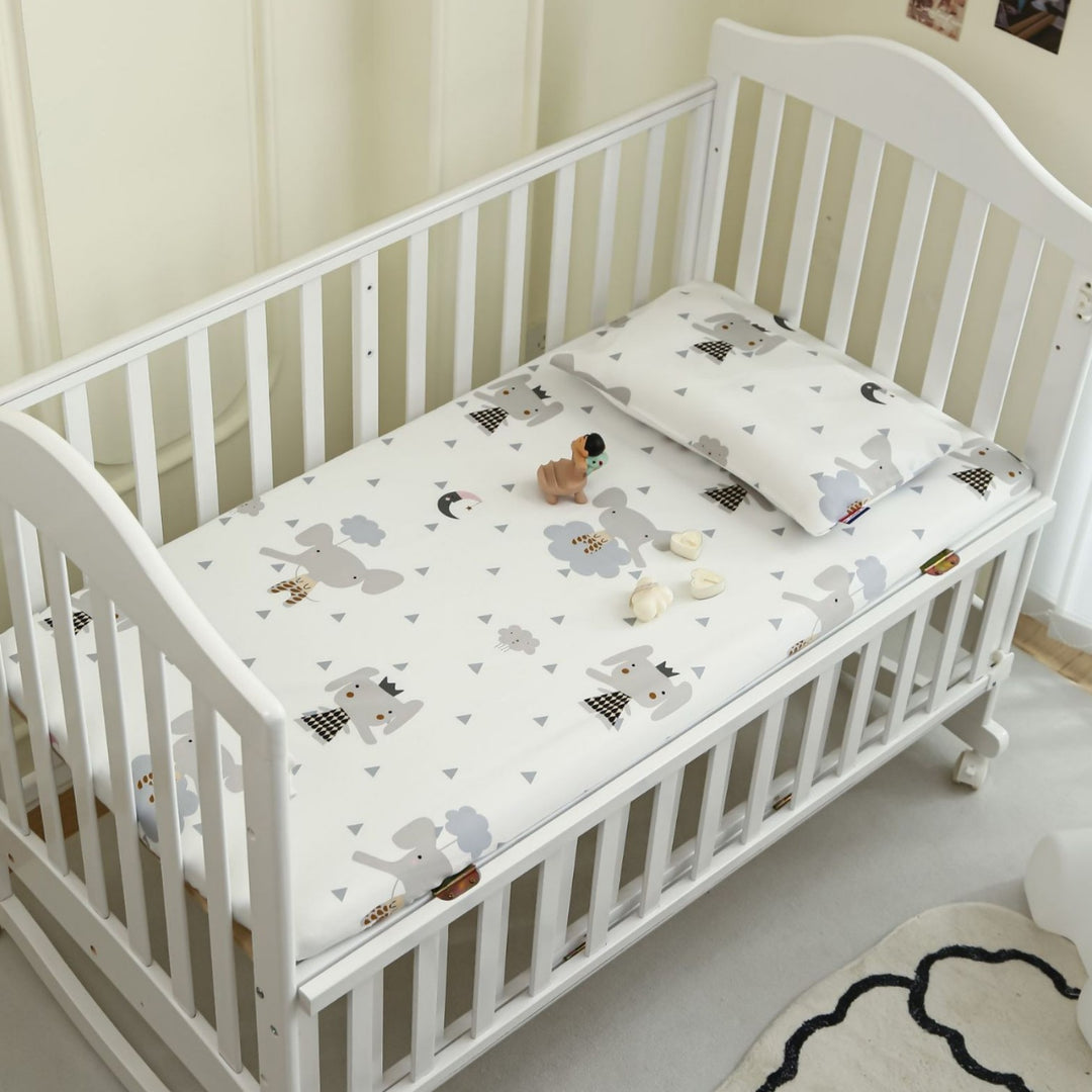Printed Organic Cotton Fitted Crib Sheet & Pillowcase Set with Cute Elephant and Cloud Nursery Pattern