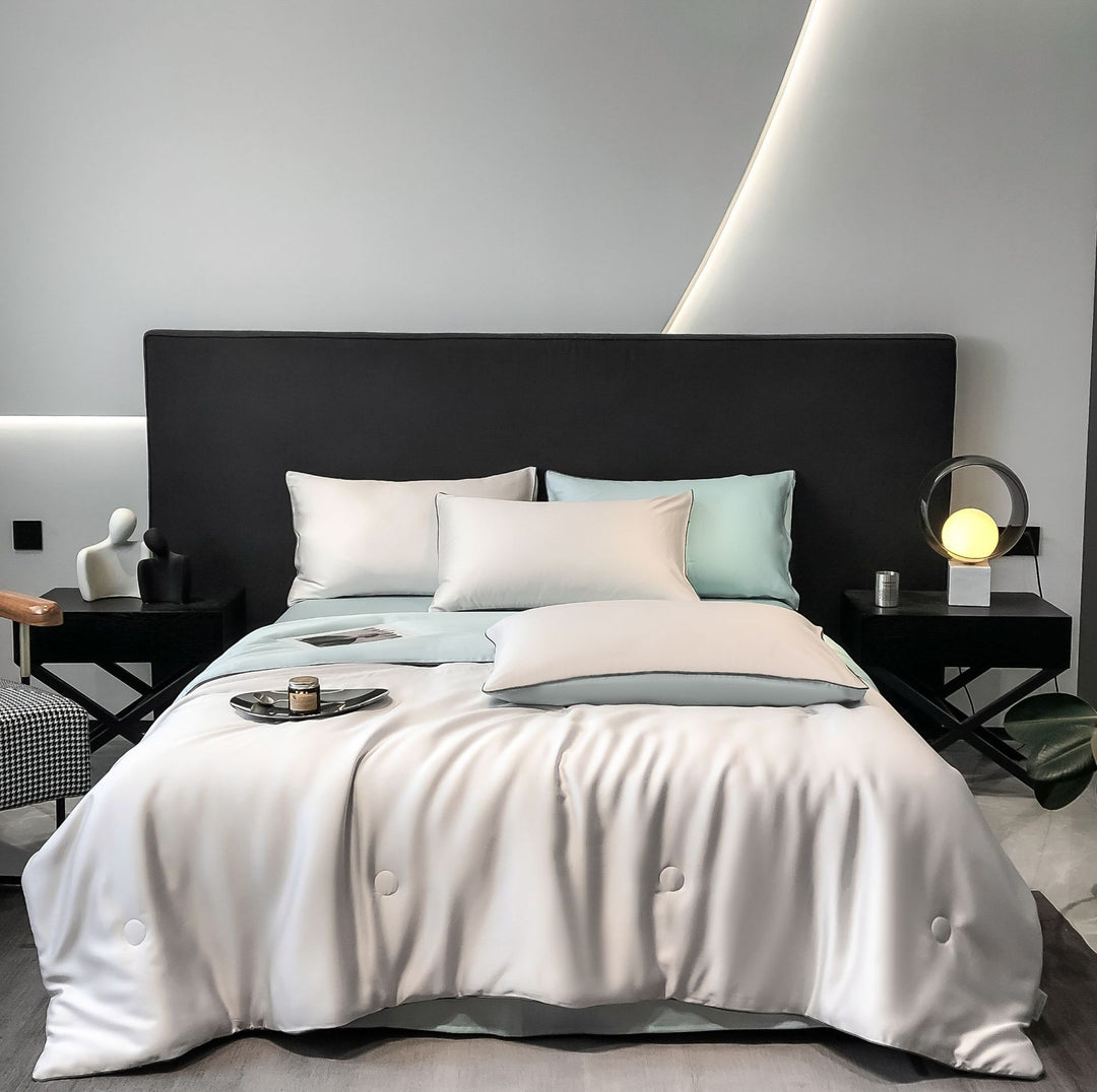 Silk cotton satin bedding cover with quilted comfort edge and pillowcases