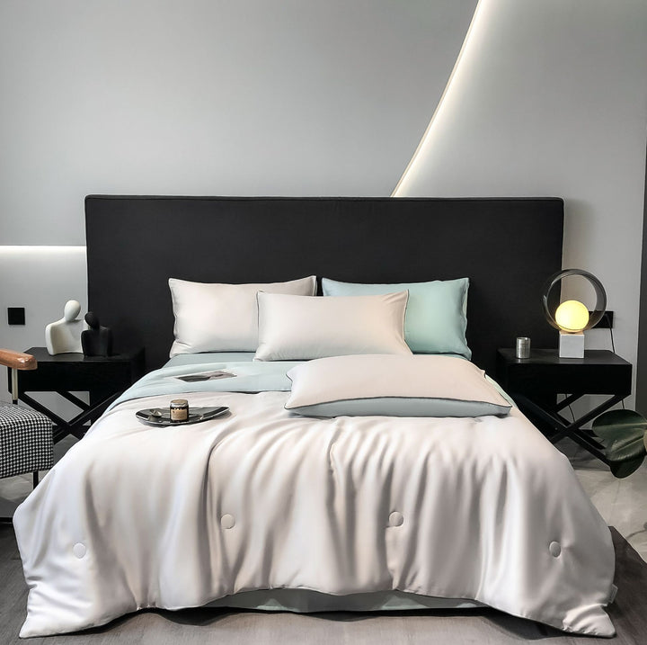 Silk cotton satin bedding cover with quilted comfort edge and pillowcases
