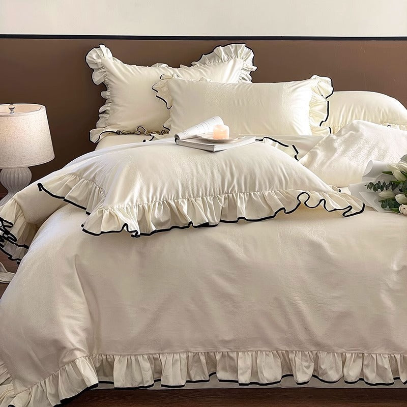 Ruffled Cotton-Sateen Duvet Cover Set with Contrasting Piped Edge and Jacquard Detail