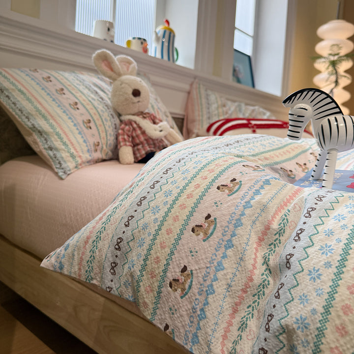 Quilted Cotton Duvet Cover Set with Nordic Reindeer Patchwork