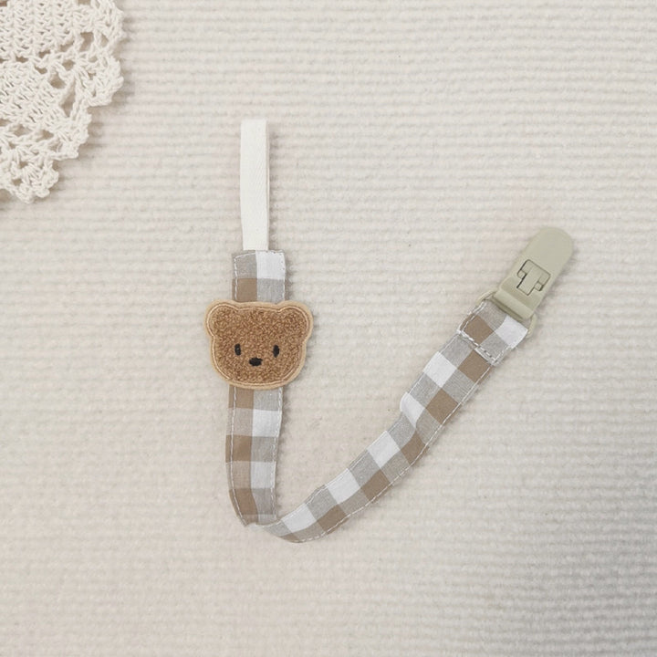 Cotton Gingham Pacifier Clip with Plush Bear Applique and Quick-Release Safety Clip