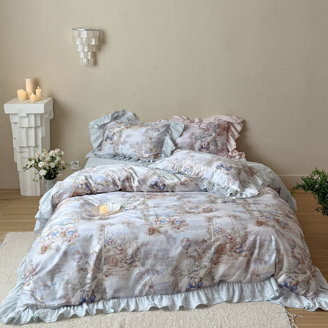 Ruffled Cotton-Sateen Reversible Duvet Cover Set with Pastel Fantasy Animal Print and Lace-Trim Pillow Shams