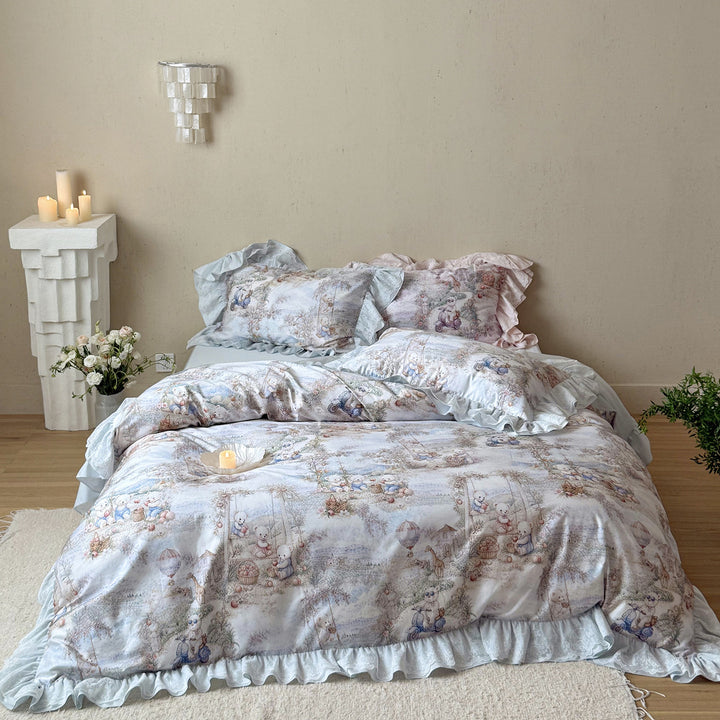 Ruffled Cotton-Sateen Reversible Duvet Cover Set with Pastel Fantasy Animal Print and Lace-Trim Pillow Shams