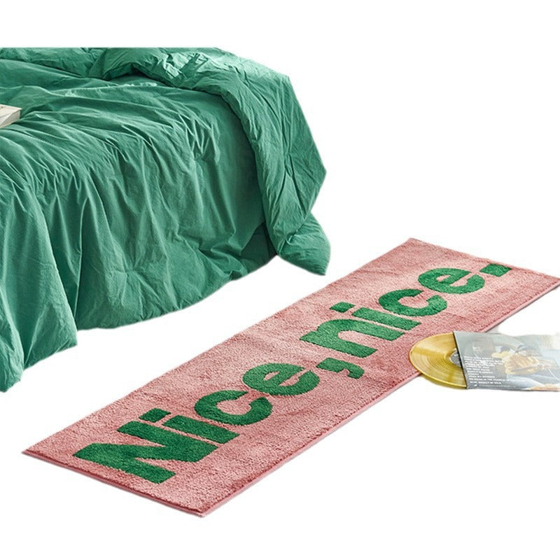 Long Chenille Runner Rug with Bold Green Typographic Slogan