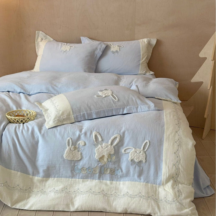 Pastel Bunny Appliqué Cotton Sateen Duvet Cover Set with Scalloped Embroidered Border