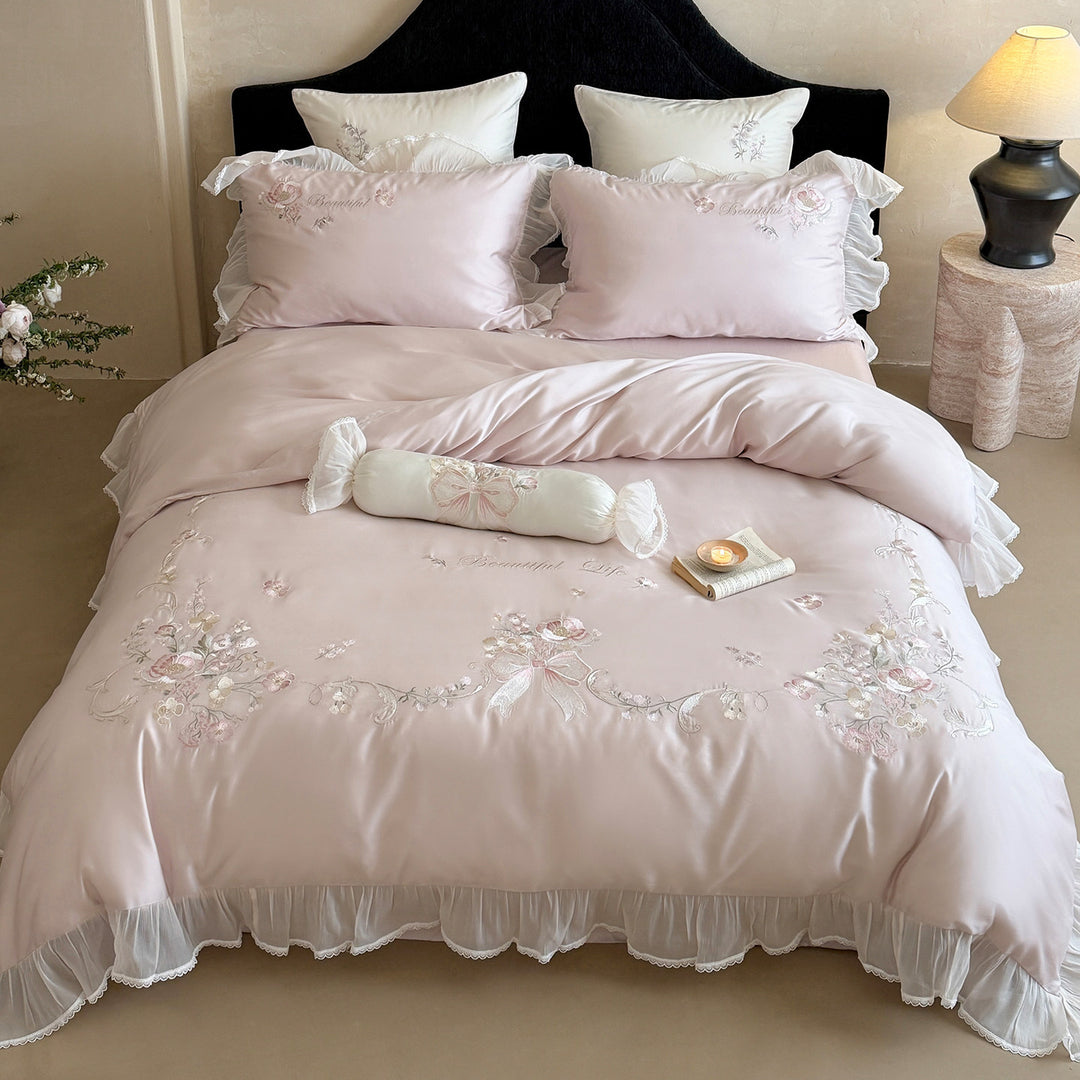 Luxury Floral-Embroidered Satin-Blend Duvet Cover Ensemble with Ruffled Sheer Skirt