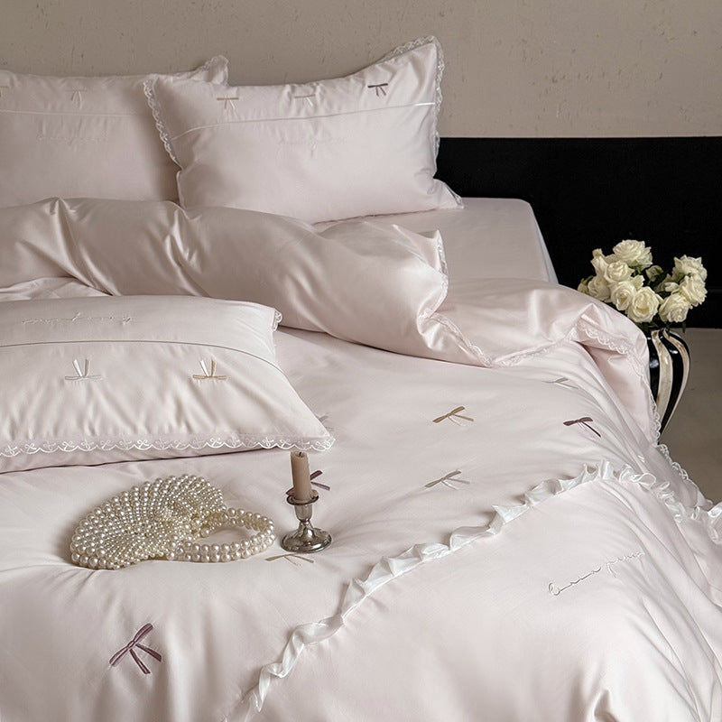 Brushed Sateen Duvet Cover Set with Mini Bow Embroidery and Ruffled Lace Trim