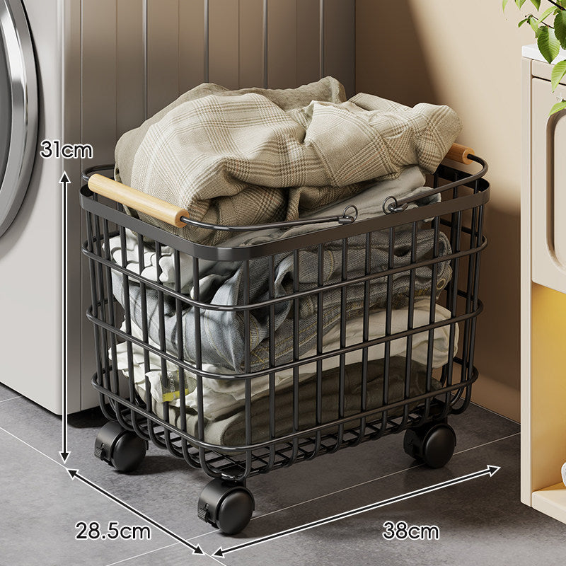 Rolling Wire Laundry Basket with Wooden Handles and Locking Casters