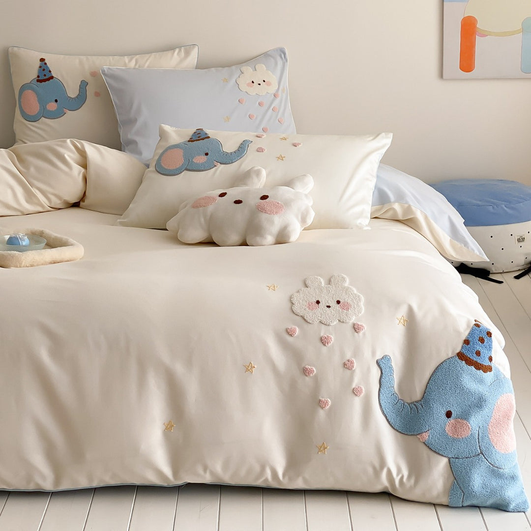 Children's Playful Appliqué Cotton Duvet Cover Set with Pillow Shams & Plush Accent