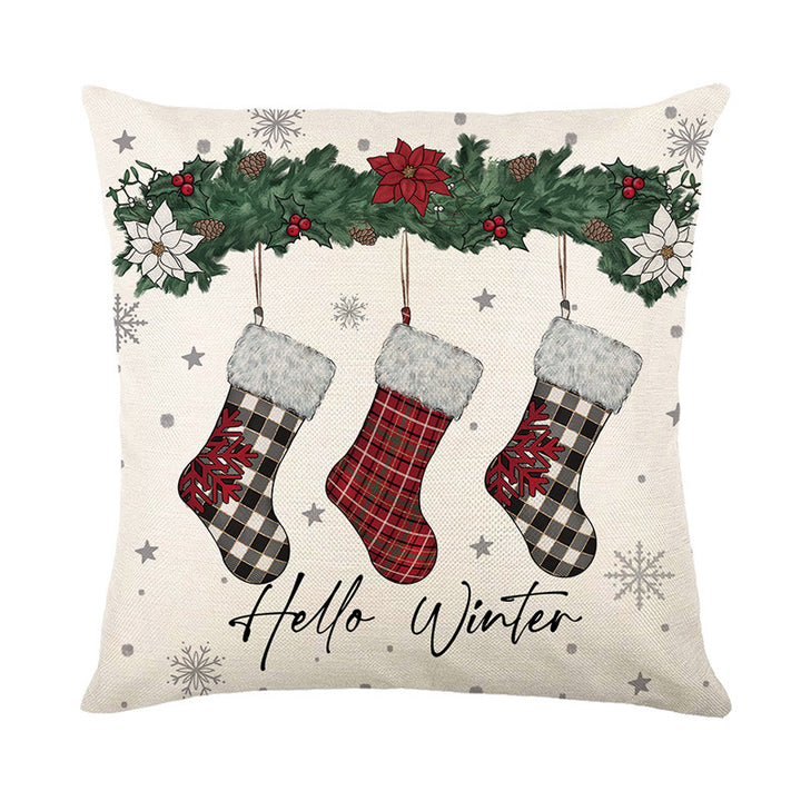 Festive Christmas Wreath Linen-Texture Throw Pillow Cover with 'Be Merry' Script and Hidden Zipper