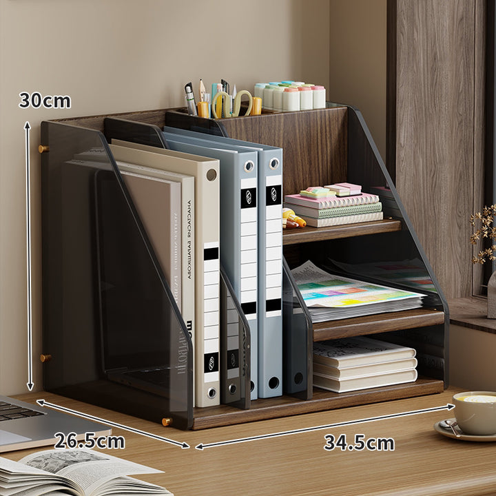 Multi-Compartment Wooden Desk Organizer with Smoky Acrylic File Dividers