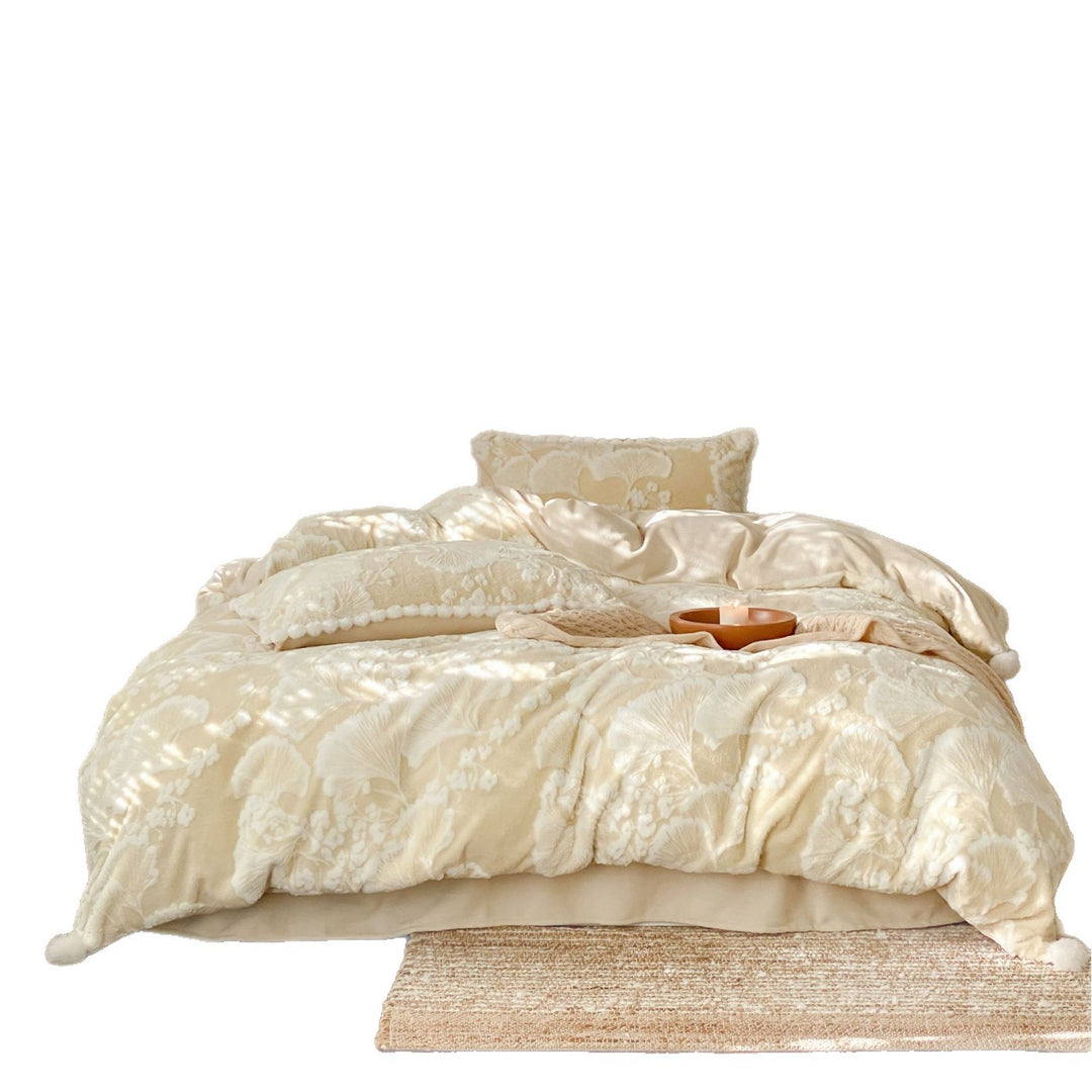 Plush Embossed Botanical Velvet Comforter & Pom-Pom Trim Pillow Sham Set